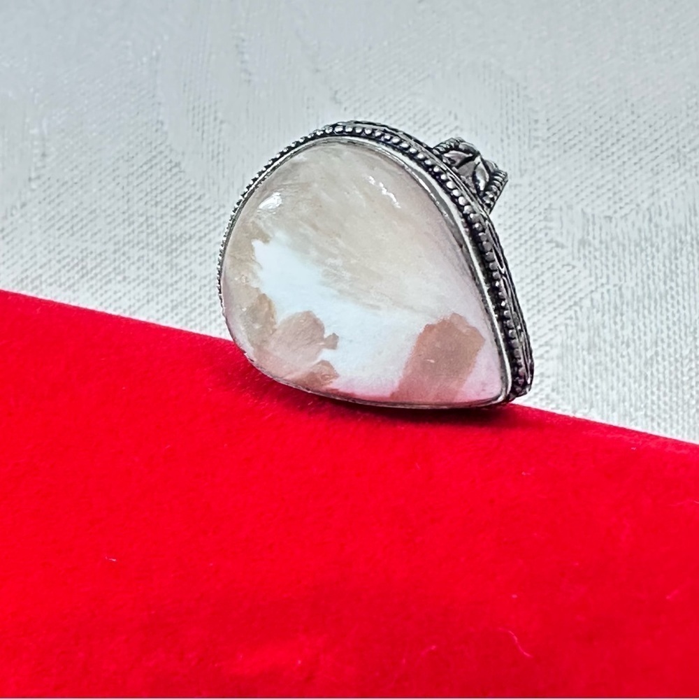 Large Gemstone Ring “SCOLECITE” Polished Bezel Set Natural Stone Teardrop 8.5